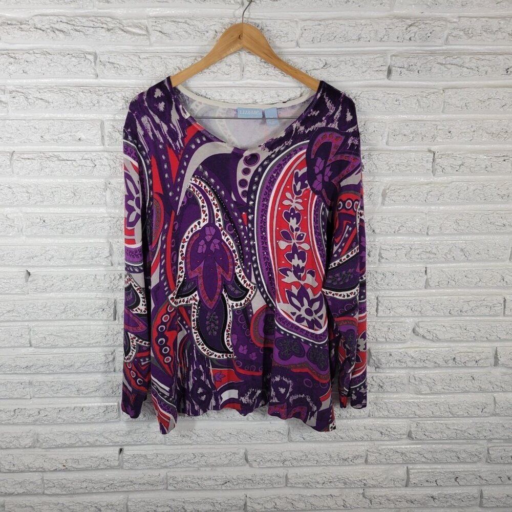 Liz & Me Women's 3X Plus Purple Red Knit Geometric Blouse Rhinestone GEO198E
